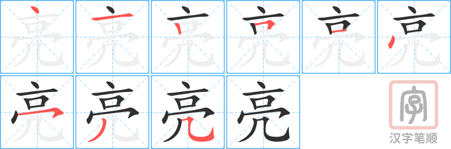 《亮》的笔顺分步演示（一笔一画写字）