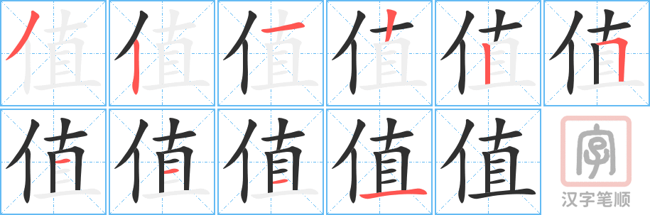 《值》的笔顺分步演示（一笔一画写字）