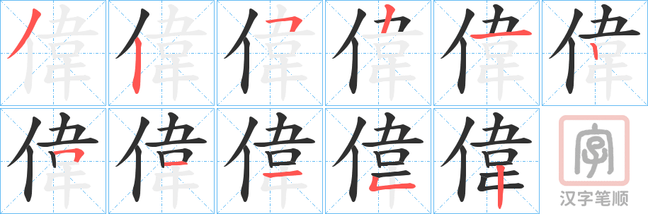 《偉》的笔顺分步演示（一笔一画写字）