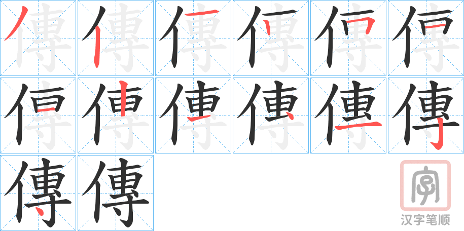《傳》的笔顺分步演示（一笔一画写字）