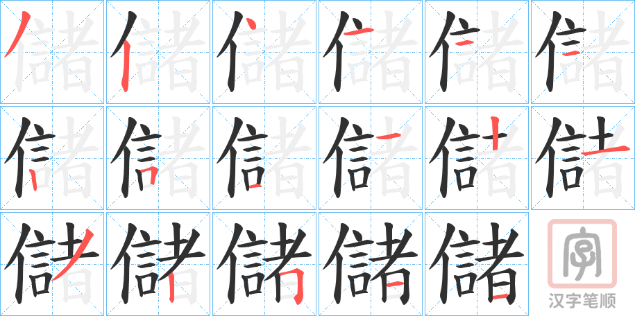 《儲》的笔顺分步演示（一笔一画写字）