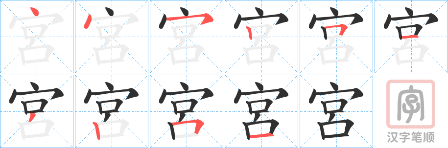 《宮》的笔顺分步演示（一笔一画写字）