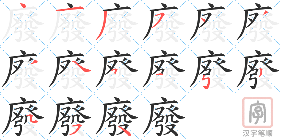 《廢》的笔顺分步演示（一笔一画写字）