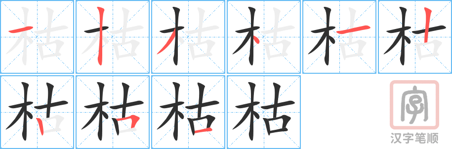 《枯》的笔顺分步演示（一笔一画写字）
