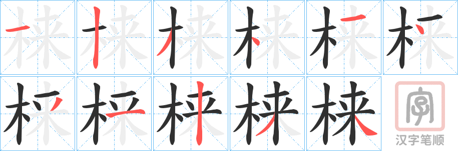 《梾》的笔顺分步演示（一笔一画写字）