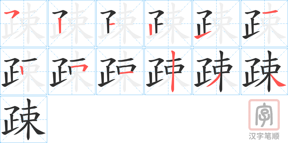 《疎》的笔顺分步演示（一笔一画写字）
