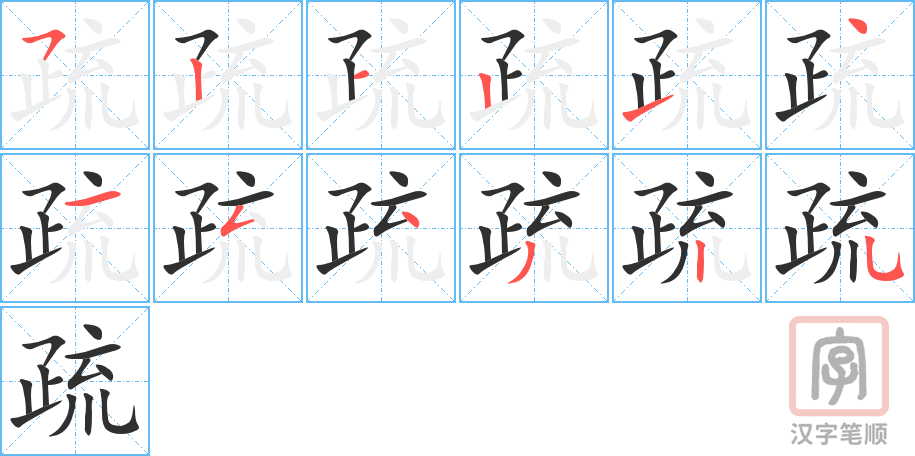 《疏》的笔顺分步演示（一笔一画写字）