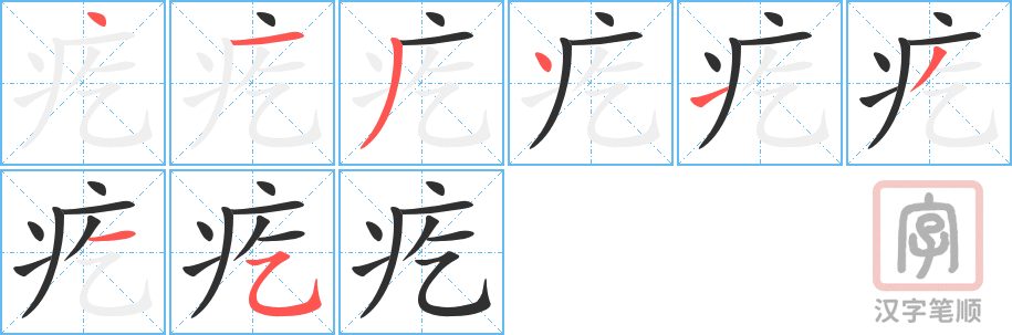 《疙》的笔顺分步演示（一笔一画写字）