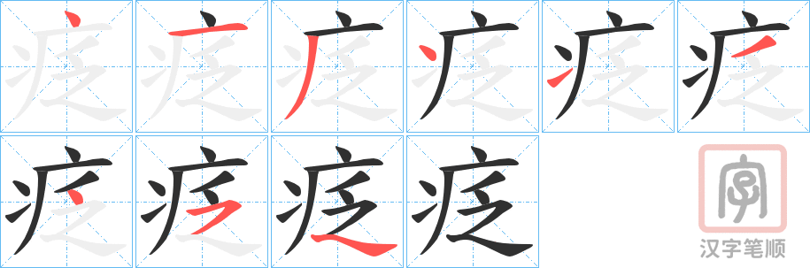 《疺》的笔顺分步演示（一笔一画写字）