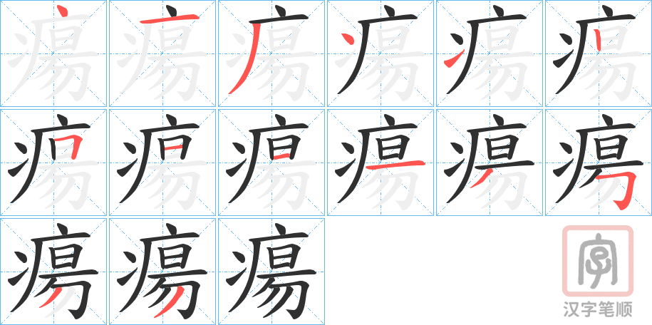 《瘍》的笔顺分步演示（一笔一画写字）