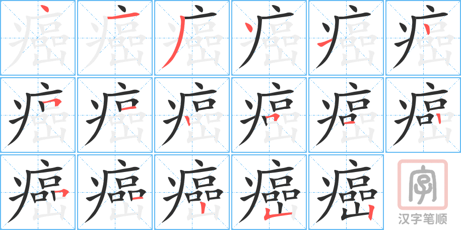《癌》的笔顺分步演示（一笔一画写字）