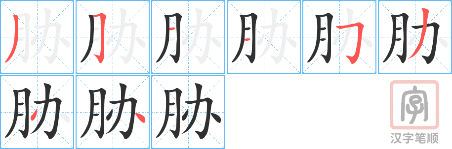 《胁》的笔顺分步演示（一笔一画写字）