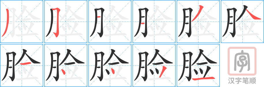 《脸》的笔顺分步演示（一笔一画写字）