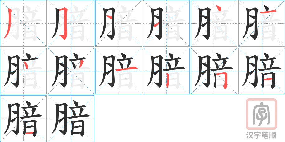 《腤》的笔顺分步演示（一笔一画写字）