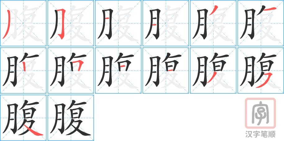 《腹》的笔顺分步演示（一笔一画写字）