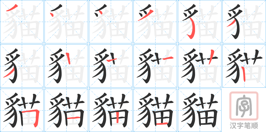 《貓》的笔顺分步演示（一笔一画写字）