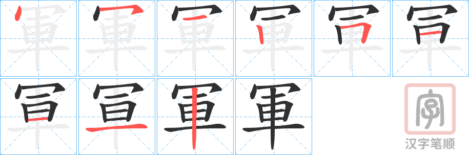 《軍》的笔顺分步演示（一笔一画写字）