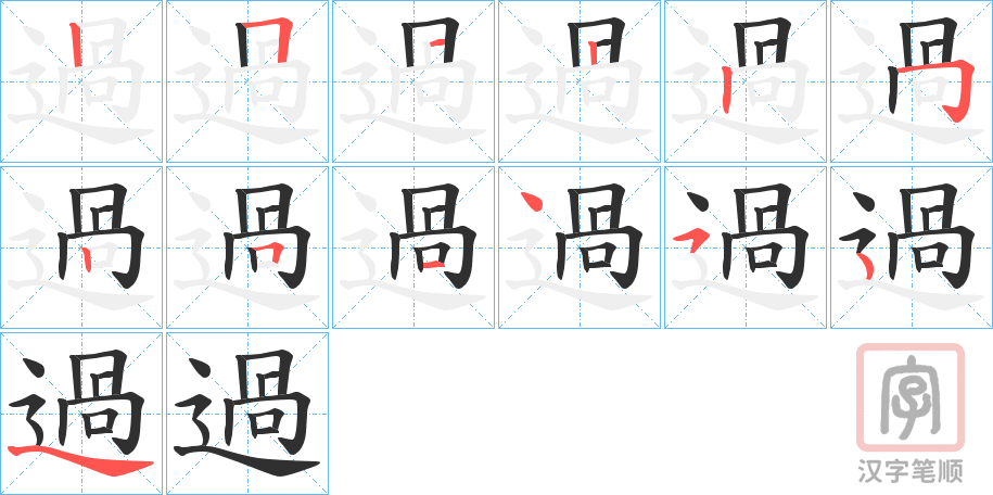 《過》的笔顺分步演示（一笔一画写字）