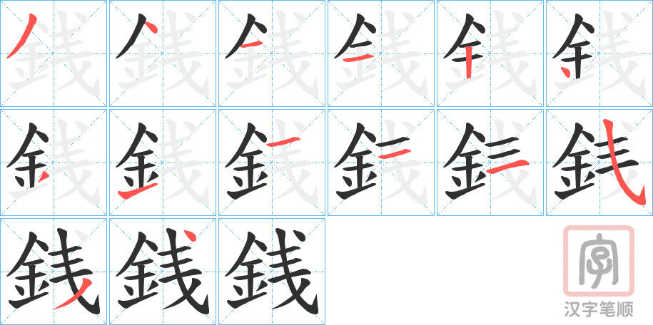 《銭》的笔顺分步演示（一笔一画写字）