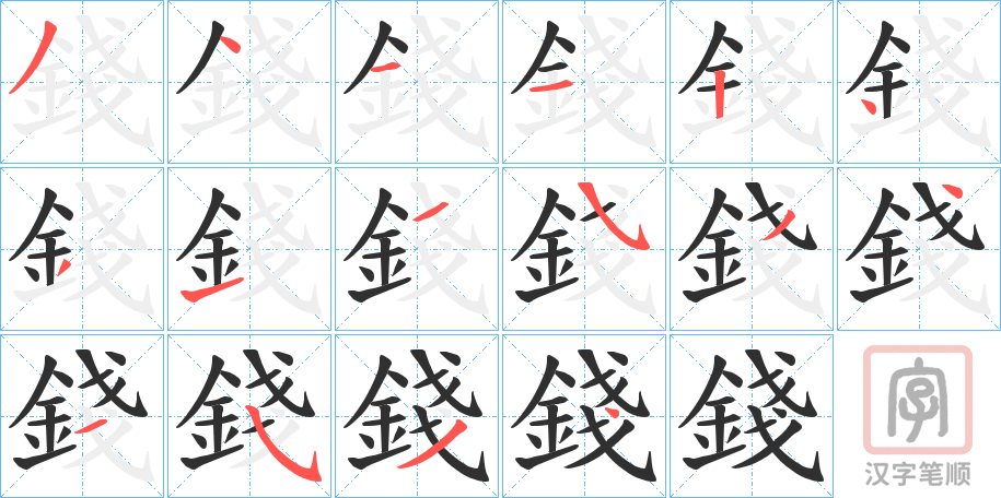 《錢》的笔顺分步演示（一笔一画写字）