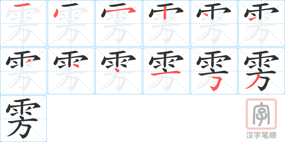 《雱》的笔顺分步演示（一笔一画写字）