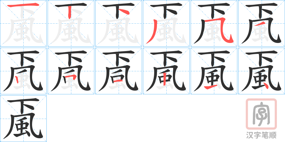 《颪》的笔顺分步演示（一笔一画写字）