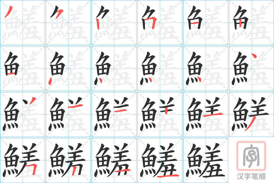 《鱃》的笔顺分步演示（一笔一画写字）