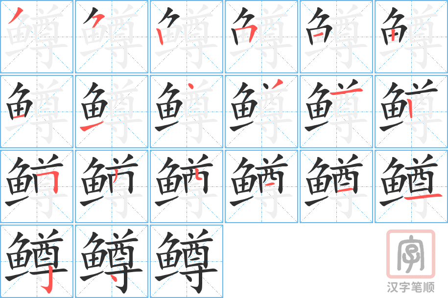《鳟》的笔顺分步演示（一笔一画写字）